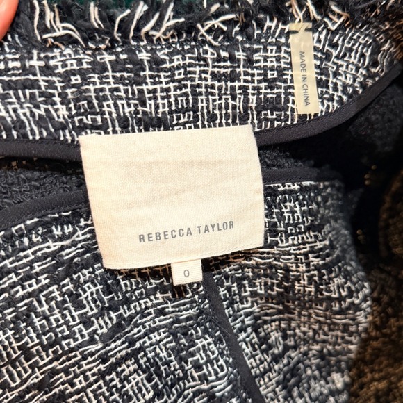 Rebecca Taylor Tweed Blazer Jacket Black White Textured Frayed Trim Size 0 - Picture 8 of 9